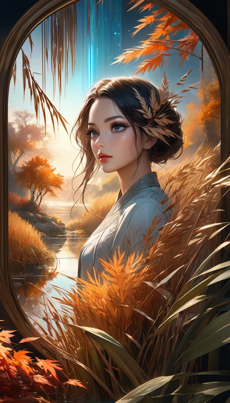 Reed landscape, bright canvas, The reed leaves are fluttering, Transparent holographic reflection, Surreal landscape made of reed leaves, Leaves viewers speechless, 
A beautiful world, 1 Indian woman, detailed eyes, Black eyes, detailed lips, very detailed face, long eyelashes, Beautiful and detailed portraits, elegant, tranquil expression, autumn, high quality, 8k, 
realistic, surrealist, studio lighting, Physically Based Rendering, vivid colors, movie lights, dramatic lighting, soft lighting,
 dramatic contrast, clear, ethereal, dreamlike, mysterious, magical, fancy, concept art