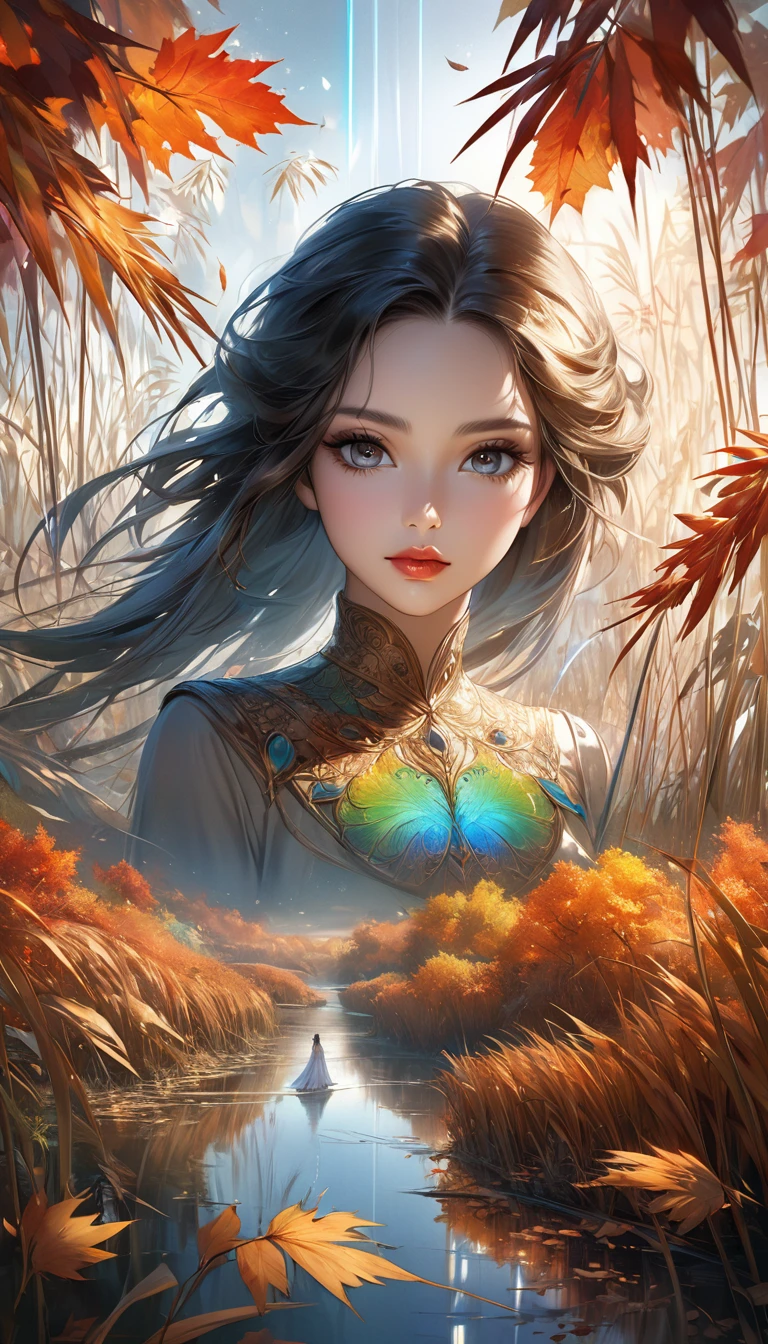 Reed landscape, bright canvas, The reed leaves are fluttering, Transparent holographic reflection, Surreal landscape made of reed leaves, Leaves viewers speechless,
A beautiful world, 1 Indian woman, detailed eyes, Black eyes, detailed lips, very detailed face, long eyelashes, Beautiful and detailed portraits, elegant, tranquil expression, autumn, high quality, 8k,
realistic, surrealist, studio lighting, Physically Based Rendering, vivid colors, movie lights, dramatic lighting, soft lighting,
dramatic contrast, clear, ethereal, dreamlike, mysterious, magical, fancy, concept art