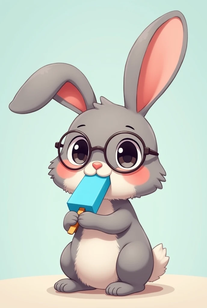 A cute age anime-style anthropomorphic rabbit with glasses sitting upright eating a blue popsicle