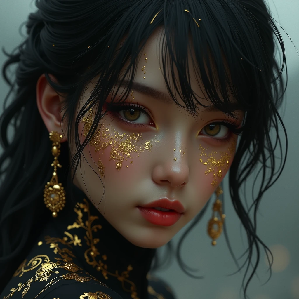 gold tattoos with a girl in rain with golden earrings, in the style of vray tracing, martin ansin, yuumei, poured, close up, dark white and gold, speedpainting, masterpiece, best quality,