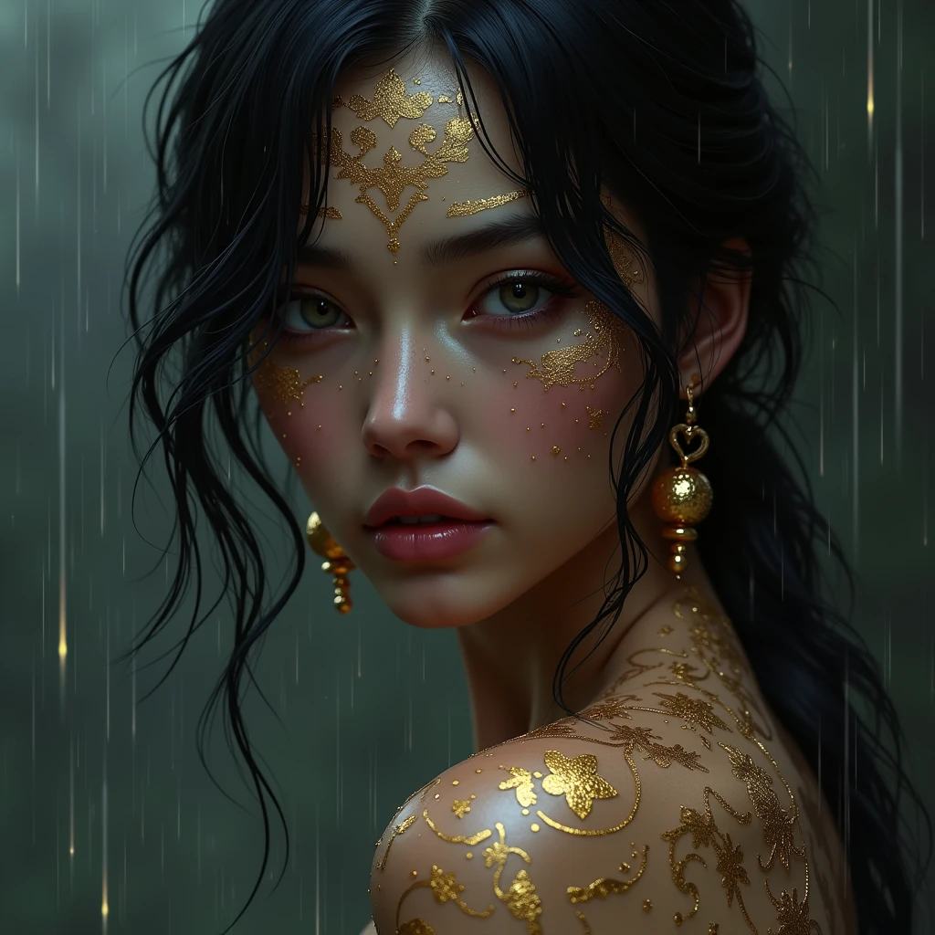 gold tattoos with a girl in rain with golden earrings, in the style of vray tracing, martin ansin, yuumei, poured, close up, dark white and gold, speedpainting, masterpiece, best quality,