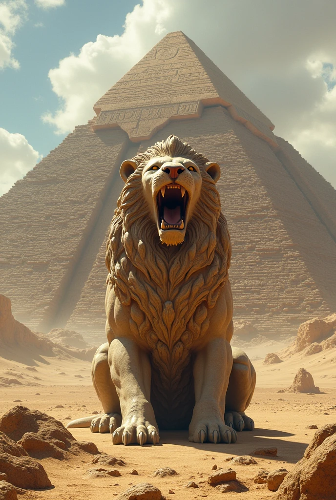 Pyramid with a stone pyramid lion lying in front and roaring
