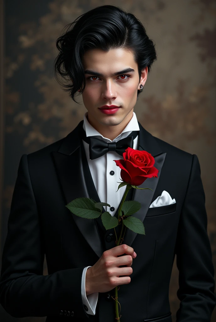 sexy male vampire, young, 19 years, Man, black hair and red eyes, sehr young, smile, smile, vampire teeth, holding rose pose