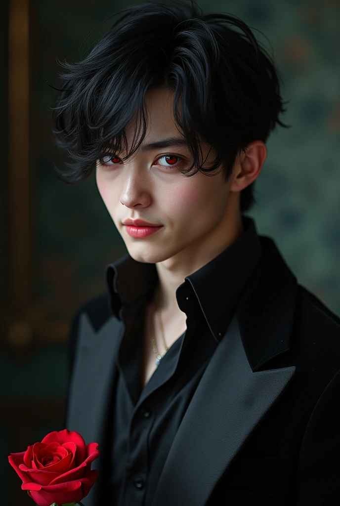 sexy male vampire, young, 19 years, Man, black hair and red eyes, sehr young, smile, smile, vampire teeth, holding rose pose