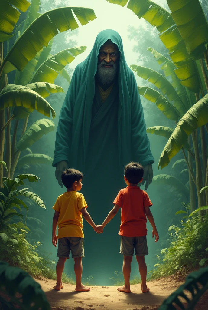 A 2 boy wearing red shirt, he's standing in a banana garden, and he's scared because a old man ghost standing font of him.
The image should look like indian type