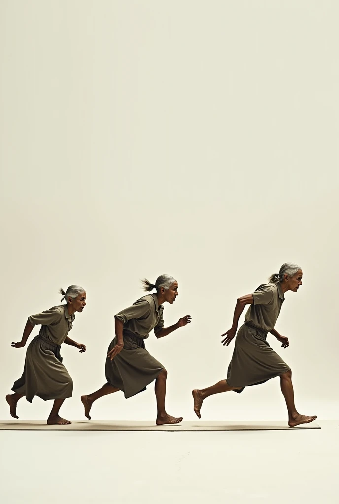 i want to create the illusion of movement of an old woman running . imagine you have a photograpf camera and at each second you take a picture at a latteral view, you will take ten pictures and show me these ten different positions in one image but not seeing the woman in front , but as a side view. eliminate the background and show each step since the first one up to the tenth step of her in this sequence
