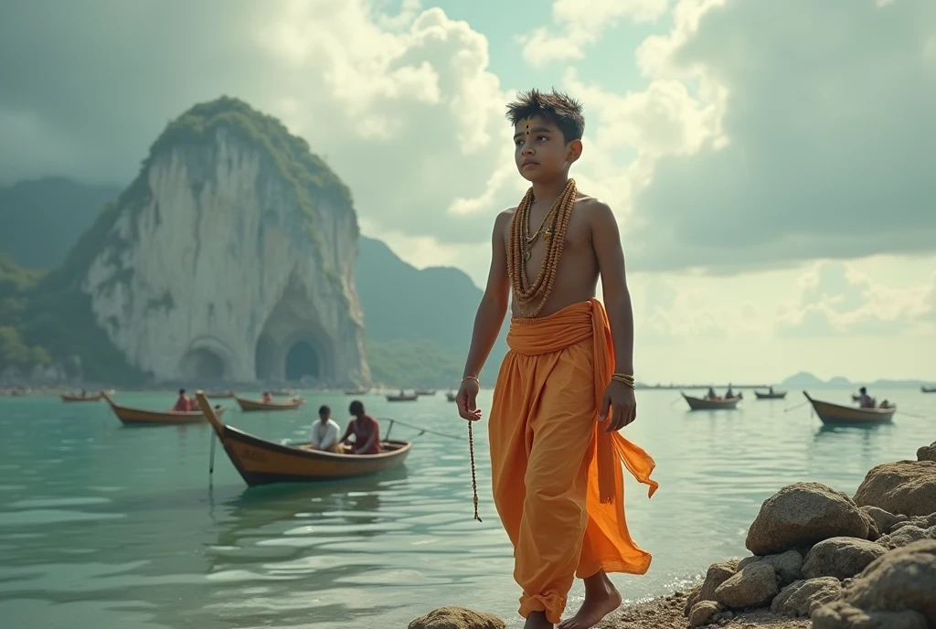 Create an image that the sky is cloudy, there is sea below and there are many boats, but there is a boy who is very handsome, he has a tilak on his head and a small Rudraksha rosary in his hand and also some parts of his body. You are wearing light saffron clothes and that boy is going to a cave somewhere far away.