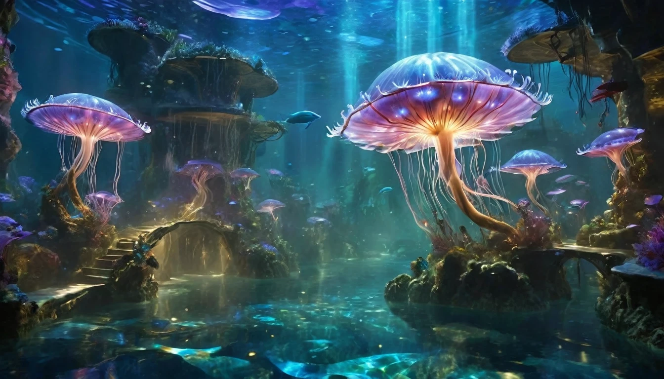 Description:
Dive deep into the mesmerizing underwater world of Pandora, a place where the magic of the Avatar universe extends below the surface. The ocean is an expanse of shimmering blues and light blue hues, with beams of sunlight piercing the surface, casting a moody, cinematic light. At the heart of this underwater paradise stands the underwater equivalent of the Tree of Life, a magnificent coral tree that glows with a serene blend of purple and blue bioluminescence. Its tendrils spread out, reaching across the ocean floor, casting an enchanting glow on everything around.
Surrounding this central tree are clusters of fantastical aquatic plants. These plants have long, sinuous leaves that sway gently with the ocean currents, each leaf tipped with bioluminescent nodes that pulse with light. Some resemble giant anemones, with soft, flowing tendrils that create a dance of colors—soft pinks, blues, and purples—adding a dreamlike quality to the scene.
Swimming gracefully among these plants are the exotic sea creatures of Pandora. Sleek, elongated creatures resembling a fusion of dolphins and manta rays glide effortlessly. Their bodies are covered in translucent scales that shimmer with hints of purple and blue, making them appear as living jewels. Some have glowing markings that change color, acting as communication signals. Smaller, luminescent fish dart between the coral and plant life, their scales sparkling like stars in the ocean's night sky.
Tiny glowing jellyfish-like creatures float through the water, trailing luminescent tendrils. They create a mystical effect as they drift by, illuminating the path for larger sea creatures. Bioluminescent particles float throughout the scene, adding an ethereal touch, as if the water itself is alive with light.
Key Elements:
Underwater Tree of Life: A massive coral tree with glowing purple and blue tendrils, central to the underwater landscape.
Bioluminescent Aquatic Plants: Flowing plants with glowing tips and soft c
