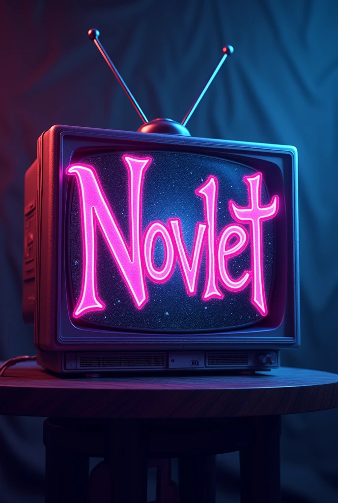 Novel cover with the name novelet written in large letters, with purple blue and pink colors with a tv