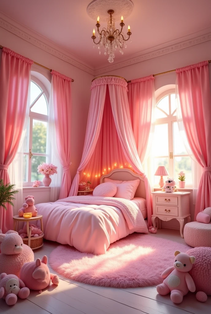 Une jolie chambre remplie de choses roses, Tapis moelleux, peluches, et un éclairage mignon.magical