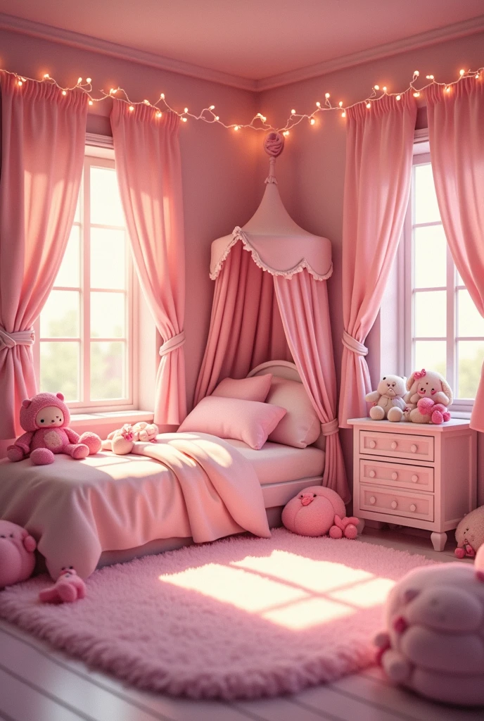 Une jolie chambre remplie de choses roses, Tapis moelleux, peluches, et un éclairage mignon.magical