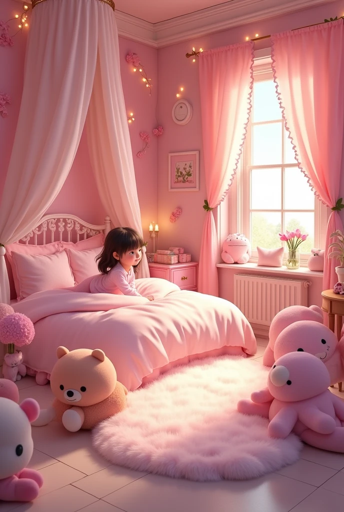 Une jolie chambre remplie de choses roses, Tapis moelleux, peluches, et un éclairage mignon.magical