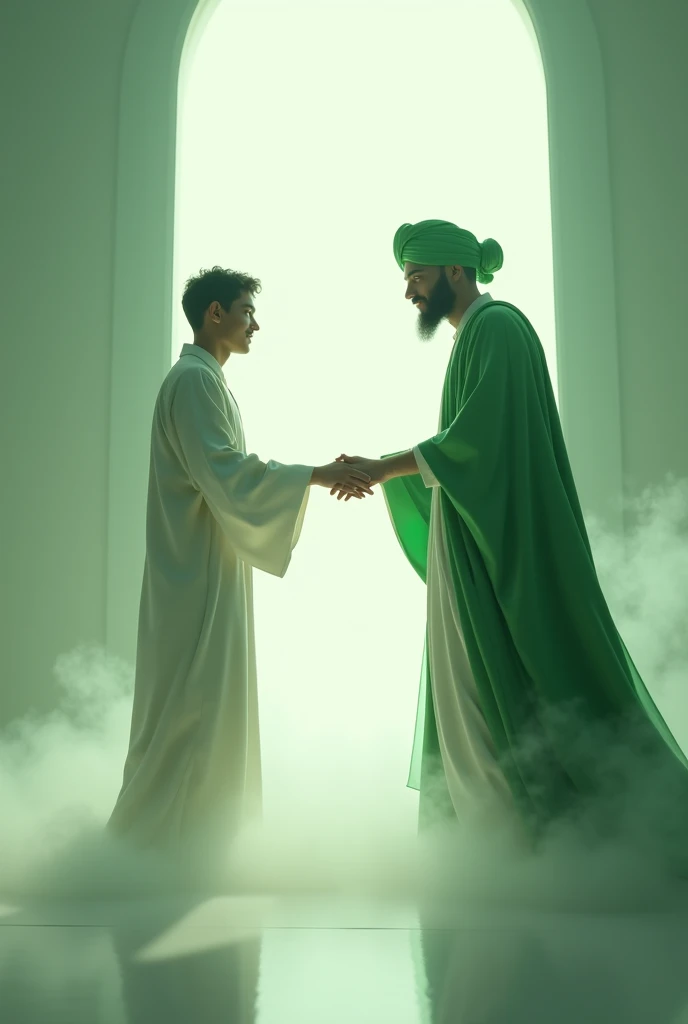 A young man dreamed that he was sitting and was invited by a man with a green turban and a green and white robe into a bright room while holding out his hand. Lalu menuntunya masuk ruangan penuh cahaya putih