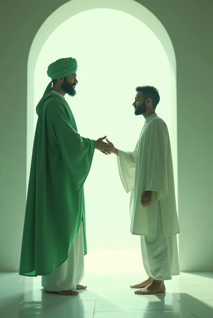 A young man dreamed that he was sitting and was invited by a man with a green turban and a green and white robe into a bright room while holding out his hand. Lalu menuntunya  masuk ruangan penuh cahaya putih