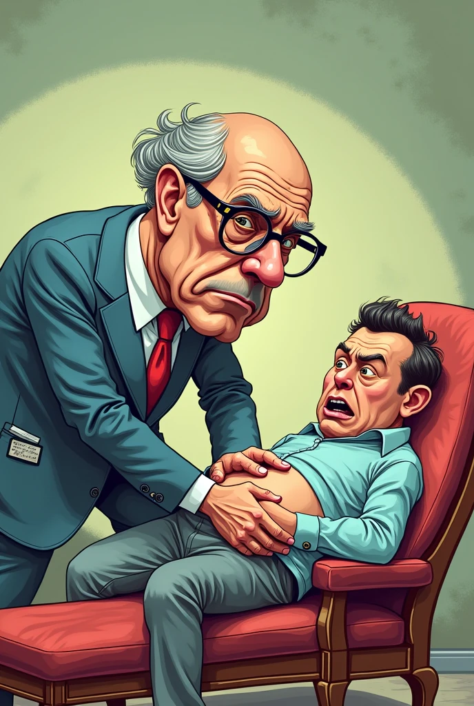 Create a very funny illustration of a Freud-like psychologist kneeing his patient in the stomach