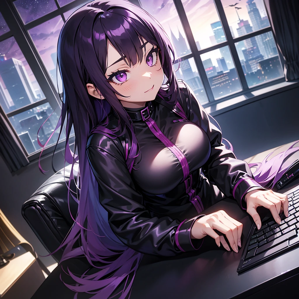 my_hero_academia, {female, long_straight_hair, purple_black_hair, purple_eyes, large_breast, looking_up, gothic, latex,}, seductive_pose, living_room_setting, windows_overlooking_night_sky, computer_desk,