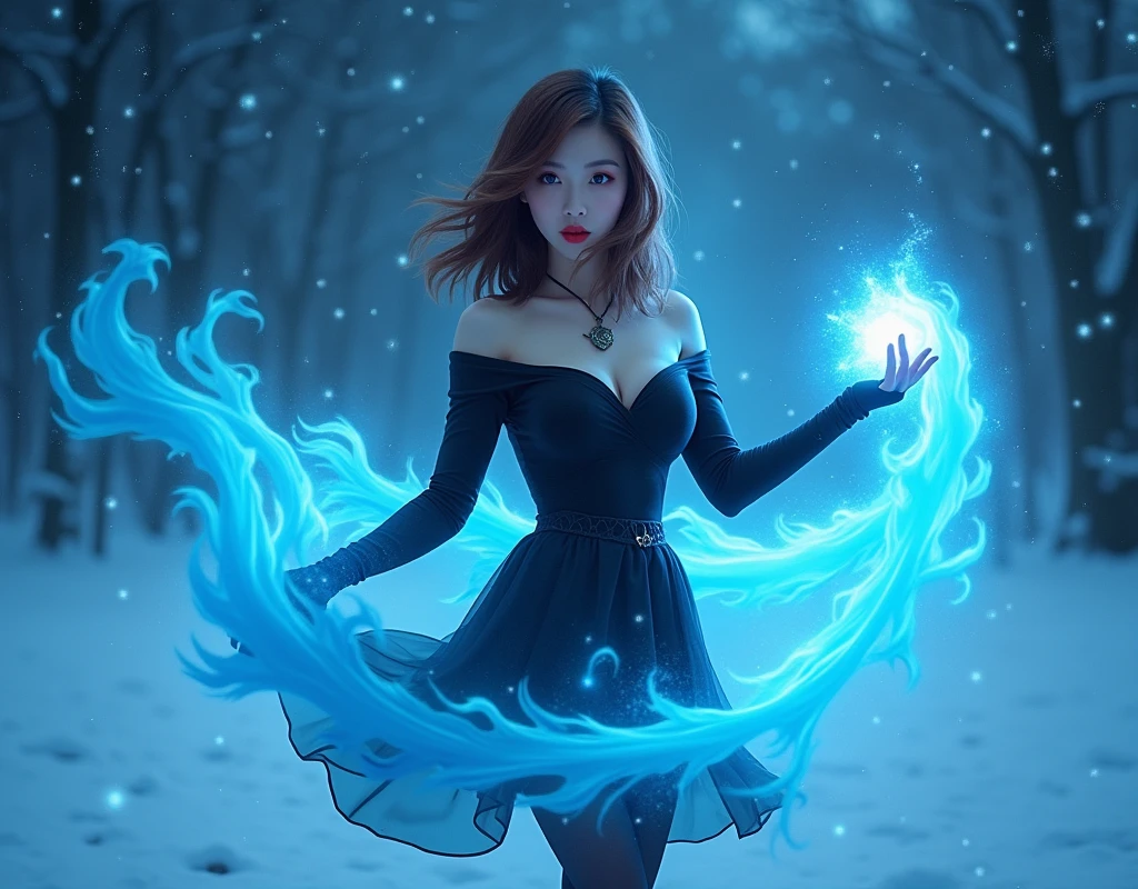 Real picture, Realistic Magic, 1 girl, beautiful, Seductive, sexy, Asia, Medium bust, Bronze hair, medium length hair, light blue eyes, light red lips, tattoo, Black off shoulder top, sexy, skirt, tights, high-heels, full body, Suitable background, Real picture, spell, The blue water flows like mist around you, it's so realistic., Snow at night with twinkling stars in the sky