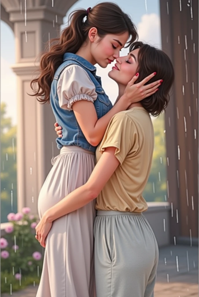 Two lesbian kissing in rain 