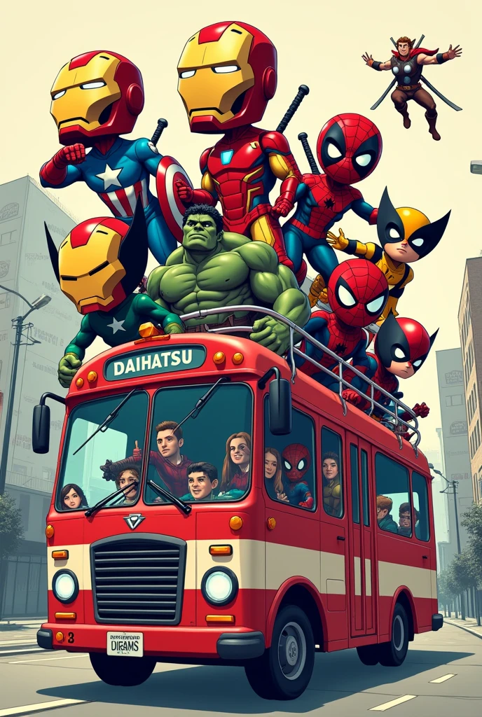 Create an image of the Avengers reimagined as a 1-dimensional cartoon. Include characters like Iron Man, Captain America, Thor, Hulk, Black Widow, spiderman, wolverine, deadpool and doctor strange with a man character. Design them with exaggerated anime-style features, every caharacter haves heads 4 times larger than normal in caricature-like and dynamic poses, and sleek, detailed armor or costumes. Place some of the characters, some of whom are in the bus, on top of the bus or flying, with the background of a building that says Daihatsu, the bus has red and white colors and there is Daihatsu written on it which emphasizes action and intensity. Each character must have a unique anime-style weapon or accessory that matches their personality and strength on a plain colored background