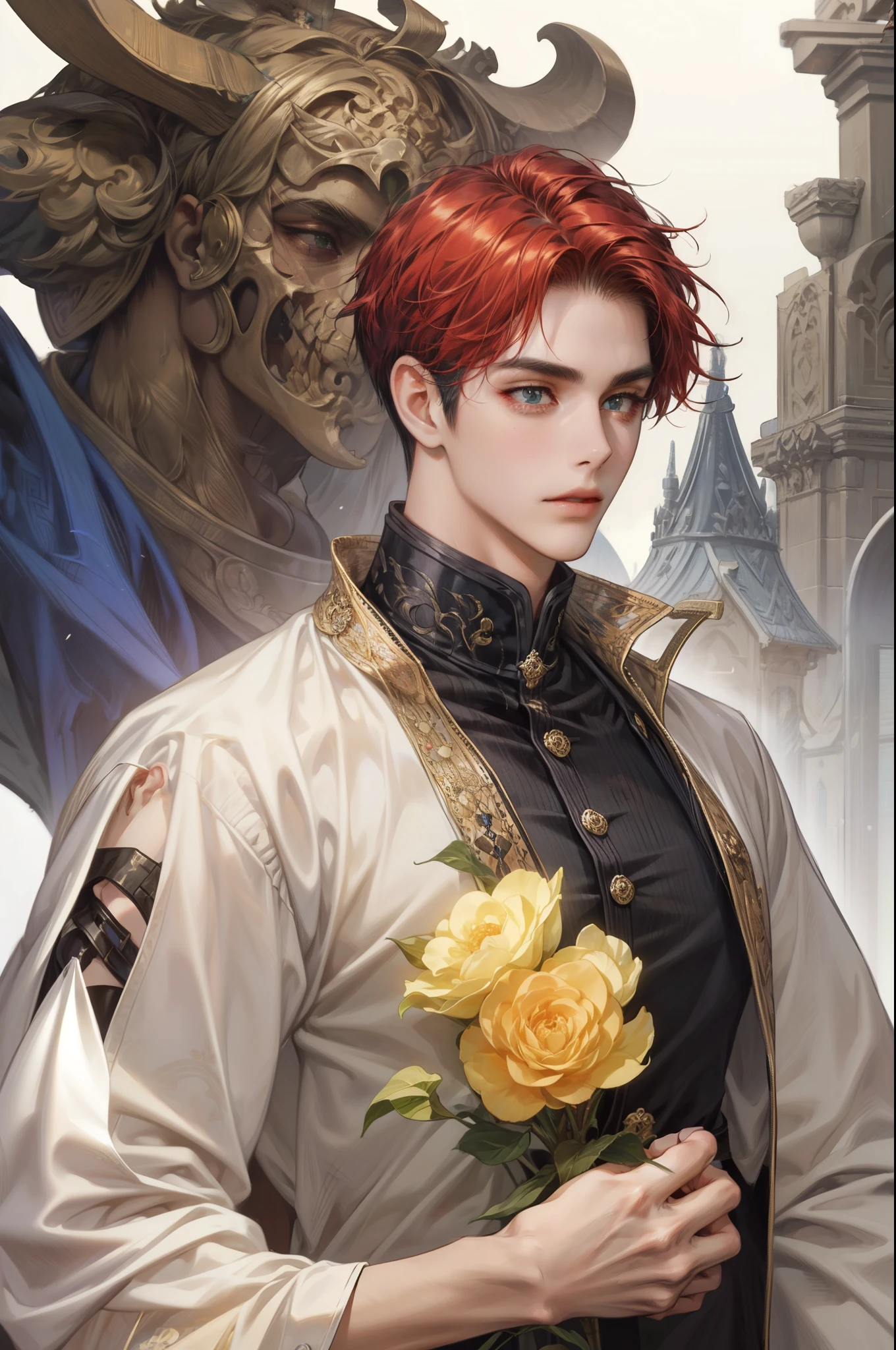 there is a man with a red hair and a black jacket, beautiful androgynous prince, delicate androgynous prince, artwork in the style of guweiz, handsome guy in demon slayer art, fantasy male portrait, renaissance prince, a portrait of a male elf, highly detailed exquisite fanart, in the art style of bowater, by Yang J, handsome prince