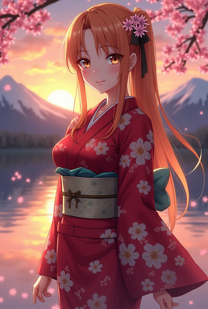 asuna, masterpiece, best quality, detailed, (1girl), solo, detailed golden eyes, long hair, standing, close to viewer, (detailed kimono), light smile, medium breasts,  (arms behind back), water, sunset, (hair ornament), (Sakura bloom),  snow mountain lake in the background