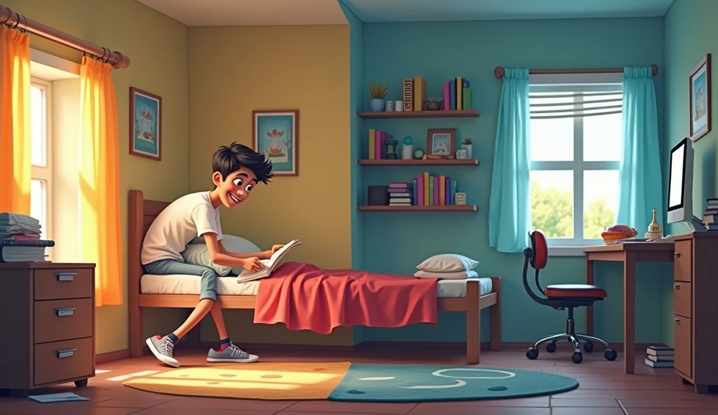 Rajú's Transformation:** Rajú now seen waking up early, making his bed neatly, and organizing his room. He is focused, determined, and has a confident smile. There is a clear change in his attitude, with him sitting at a desk, studying hard with a neat stack of books beside him.
