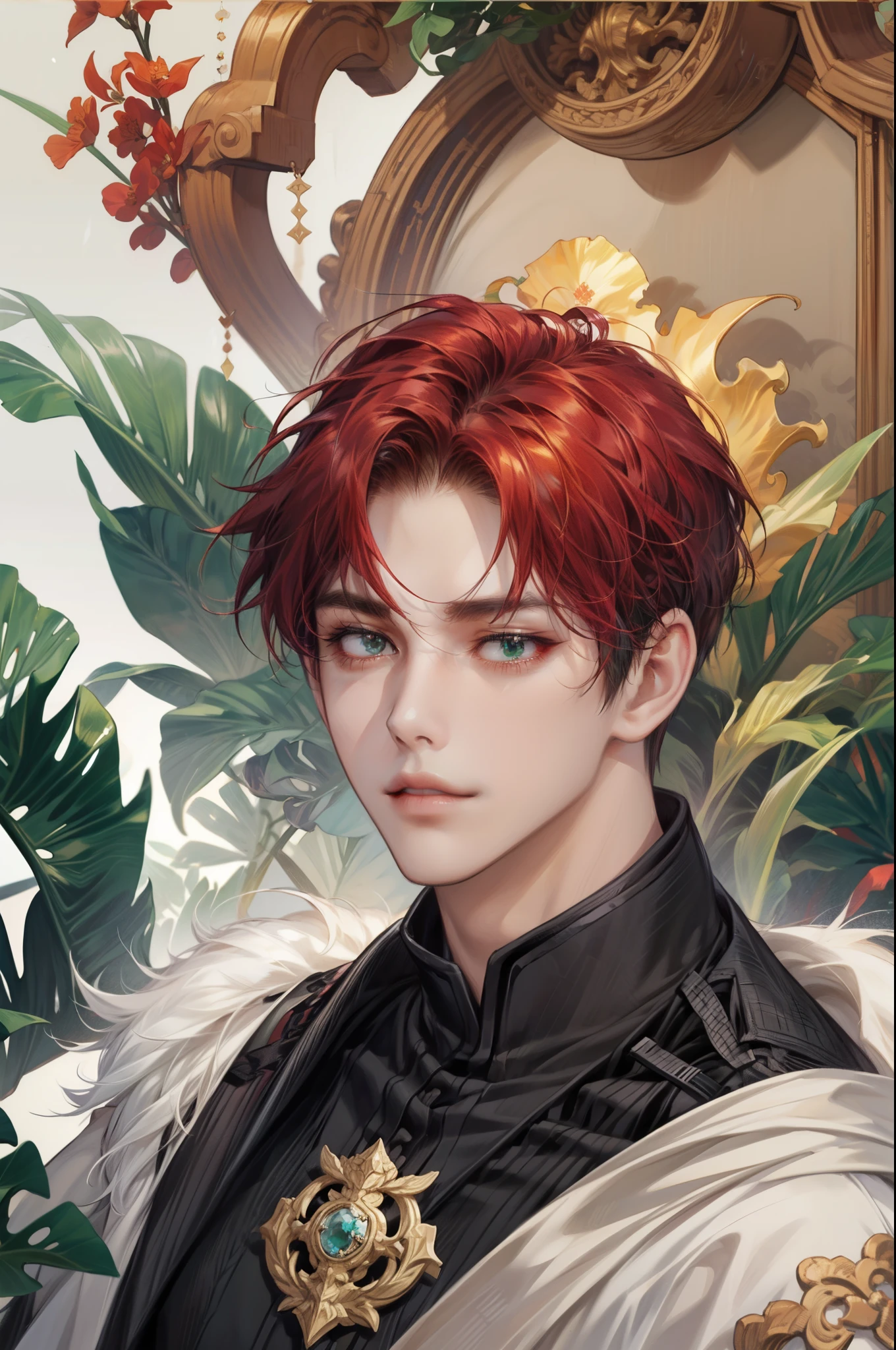 there is a man with a red hair and a black jacket, beautiful androgynous prince, delicate androgynous prince, artwork in the style of guweiz, handsome guy in demon slayer art, fantasy male portrait, renaissance prince, a portrait of a male elf, highly detailed exquisite fanart, in the art style of bowater, by Yang J, handsome prince