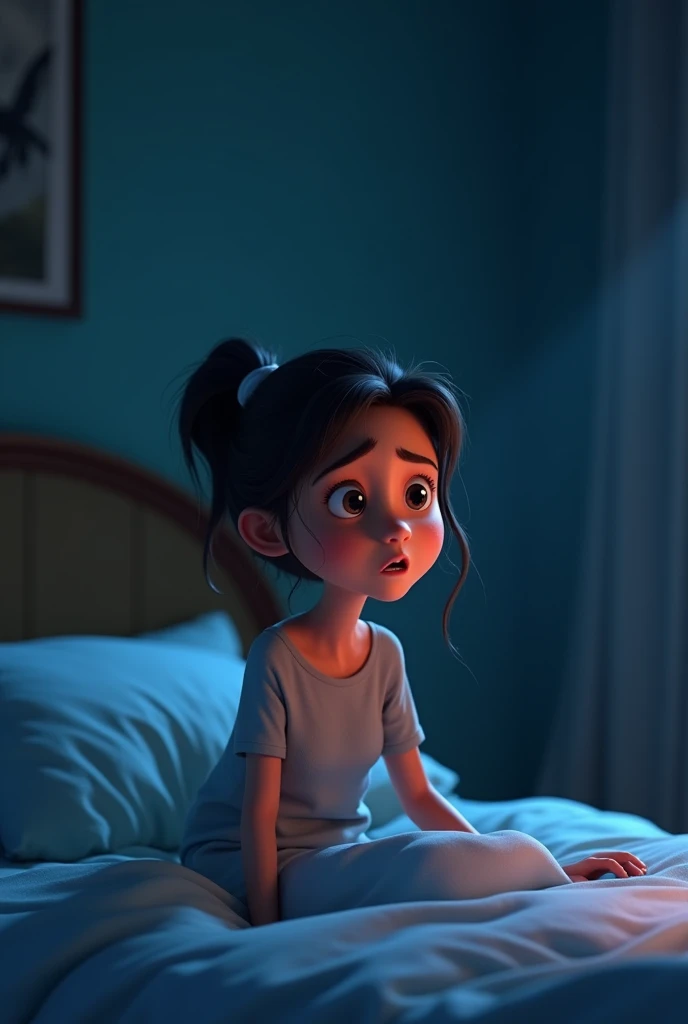 Sentence: "Who’s there?" she asked, but no one answered. The whispers grew louder, saying her name over and over again."Prompt: Ayesha sitting up in bed, her mouth slightly open as she nervously asks, "Who's there?" The whispers in the room grow louder, forming ghostly shapes in the darkness.3D animated cartoon