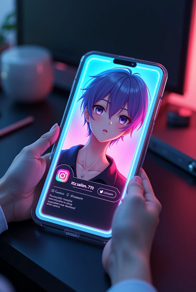 creat a instagram profile and glass id card on a black desk displaying instagram logo and realistic profile photo of a anime boy in circle and " itz.salim.770 " is written in bold fonts under the profile photo and "171 follower" profile written the instagram card is glowing in pink and blue color on the edge, one corner is held with two finger