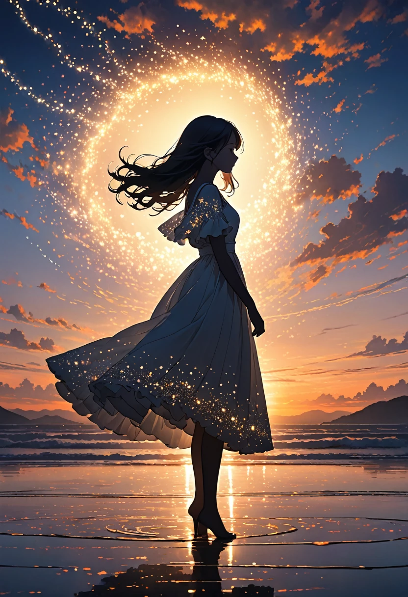 The image depicts a silhouette of a girl standing against a stunning sunset background. The sky transitions from a deep White, near the horizon to a deep White as it ascends. The figure appears to be enveloped in a series of tiny glowing fairy lights, some of which are illuminated, creating a stunning and captivating contrast to the dark silhouette. The figure appears to be holding out one arm, perhaps adjusting to or interacting with the lights. The overall mood of the image is peaceful and magical.