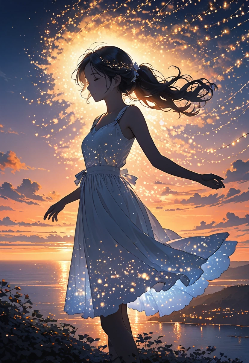 The image depicts a silhouette of a girl standing against a stunning sunset background. The sky transitions from a deep White, near the horizon to a deep White as it ascends. The figure appears to be enveloped in a series of tiny glowing fairy lights, some of which are illuminated, creating a stunning and captivating contrast to the dark silhouette. The figure appears to be holding out one arm, perhaps adjusting to or interacting with the lights. The overall mood of the image is peaceful and magical.