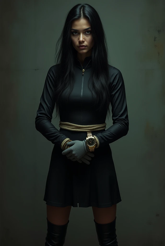indian women, aged 25, white skin, long black hair, horse jockey black tight dress, full sleeve black, black tights, black pants, black boots, black gloves, rolex watch, standing, looking straight, bound, bondage, bound hands, bound wrists