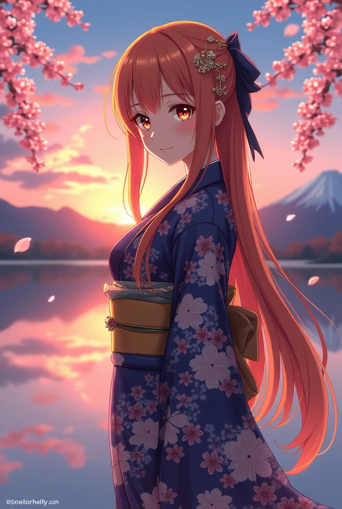 asuna, masterpiece, best quality, detailed, (1girl), solo, detailed golden eyes, long hair, standing, close to viewer, (detailed kimono), light smile, medium breasts, (arms behind back), water, sunset, (hair ornament), (Sakura bloom), snow mountain lake in the background