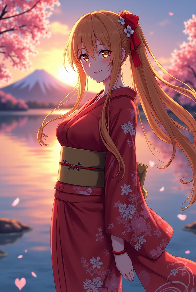 asuna, masterpiece, best quality, detailed, (1girl), solo, detailed golden eyes, long hair, standing, close to viewer, (detailed kimono), light smile, medium breasts, (arms behind back), water, sunset, (hair ornament), (Sakura bloom), snow mountain lake in the background
