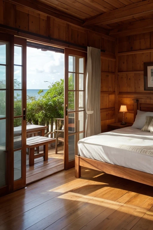 Southern Island Small House Bed in the Room、machine、indirect lighting、Foliage plant、Wood Deck、Country atmosphere、The ocean and blue sky can be seen from the window.、Woodhouse、antique、A little bit European、living、indoor、antique家具、Holiday Homes、sofa、cushion、Large windows、Outside you can see palm trees and a sandy beach.、The pillars and walls of the room are all made of wood.、machineの上には本とコーヒー、The furniture has a modern gothic feel、A room with a lot of stuff、The lighting is a bare bulb