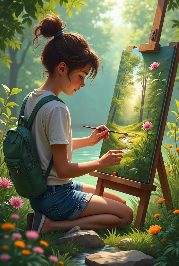 A teenager artist painting in nature