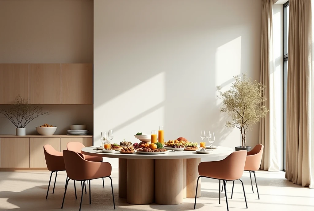 Circle dining table, food on table, wide angle, Prompts can be generated as follows: "(Best quality,4K,8K,A high resolution,Masterpiece:1.2),Ultra-detailed,(The strokes are delicate,Sharply defined),Large living room, Clean walls,Modern home,Maximalism,A neat and orderly space,Bright and clean environment,warm and inviting atmosphere,contemporary design,Functional furniture, Minimal distractions, Calm and peaceful atmosphere,Soft color palette,Neutral tones,Simple and elegant style,Smooth lines and shapes,Intentional and purposeful arrangement,peacful,Visual harmony,Meticulous attention to detail,Inspiring and motivating environment,Peace of mind,Quiet and peaceful environment,A harmonious balance of function and aesthetics,Superior workmanship and quality,Clear and uncluttered space,Great for intellectual pursuits,There are no distracting or unnecessary elements,Clean and refreshing appearance,Compositions that are cohesive and visually appealing,The harmony of the subject with its surroundings,serene and inviting atmosphere." Be aware of: 1. Don't include any explanatory content,2. tags and commas","Separate 3. Tags are ranked from highest to lowest importance 4. The tag does not contain quotation marks""