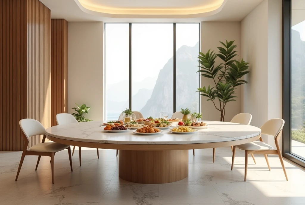 Circle dining table, food on table, wide angle, Prompts can be generated as follows: "(Best quality,4K,8K,A high resolution,Masterpiece:1.2),Ultra-detailed,(The strokes are delicate,Sharply defined),Large living room, Clean walls,Modern home,Maximalism,A neat and orderly space,Bright and clean environment,warm and inviting atmosphere,contemporary design,Functional furniture, Minimal distractions, Calm and peaceful atmosphere,Soft color palette,Neutral tones,Simple and elegant style,Smooth lines and shapes,Intentional and purposeful arrangement,peacful,Visual harmony,Meticulous attention to detail,Inspiring and motivating environment,Peace of mind,Quiet and peaceful environment,A harmonious balance of function and aesthetics,Superior workmanship and quality,Clear and uncluttered space,Great for intellectual pursuits,There are no distracting or unnecessary elements,Clean and refreshing appearance,Compositions that are cohesive and visually appealing,The harmony of the subject with its surroundings,serene and inviting atmosphere." Be aware of: 1. Don't include any explanatory content,2. tags and commas","Separate 3. Tags are ranked from highest to lowest importance 4. The tag does not contain quotation marks""