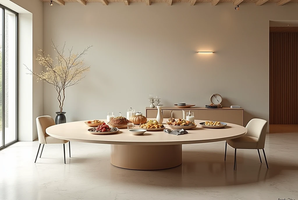 Circle dining table, food on table, wide angle, Prompts can be generated as follows: "(Best quality,4K,8K,A high resolution,Masterpiece:1.2),Ultra-detailed,(The strokes are delicate，Sharply defined),Large living room, Clean walls，Modern home，Maximalism,A neat and orderly space,Bright and clean environment,warm and inviting atmosphere,contemporary design,Functional furniture, Minimal distractions, Calm and peaceful atmosphere,Soft color palette,Neutral tones,Simple and elegant style,Smooth lines and shapes,Intentional and purposeful arrangement，peacful,Visual harmony,Meticulous attention to detail,Inspiring and motivating environment,Peace of mind,Quiet and peaceful environment,A harmonious balance of function and aesthetics,Superior workmanship and quality,Clear and uncluttered space,Great for intellectual pursuits,There are no distracting or unnecessary elements,Clean and refreshing appearance,Compositions that are cohesive and visually appealing,The harmony of the subject with its surroundings,serene and inviting atmosphere." Be aware of： 1. Don't include any explanatory content，2. tags and commas","Separate 3. Tags are ranked from highest to lowest importance 4. The tag does not contain quotation marks""