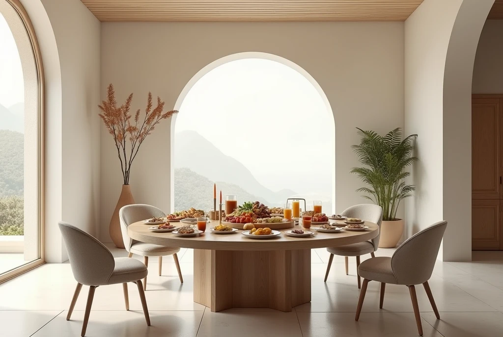 Circle dining table, food on table, wide angle, Prompts can be generated as follows: "(Best quality,4K,8K,A high resolution,Masterpiece:1.2),Ultra-detailed,(The strokes are delicate,Sharply defined),Large living room, Clean walls,Modern home,Maximalism,A neat and orderly space,Bright and clean environment,warm and inviting atmosphere,contemporary design,Functional furniture, Minimal distractions, Calm and peaceful atmosphere,Soft color palette,Neutral tones,Simple and elegant style,Smooth lines and shapes,Intentional and purposeful arrangement,peacful,Visual harmony,Meticulous attention to detail,Inspiring and motivating environment,Peace of mind,Quiet and peaceful environment,A harmonious balance of function and aesthetics,Superior workmanship and quality,Clear and uncluttered space,Great for intellectual pursuits,There are no distracting or unnecessary elements,Clean and refreshing appearance,Compositions that are cohesive and visually appealing,The harmony of the subject with its surroundings,serene and inviting atmosphere." Be aware of: 1. Don't include any explanatory content,2. tags and commas","Separate 3. Tags are ranked from highest to lowest importance 4. The tag does not contain quotation marks""