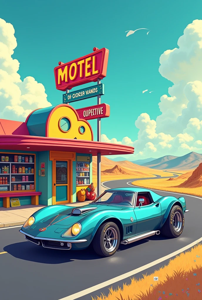 Motel with shop and supercar in front of it in cartoonist look