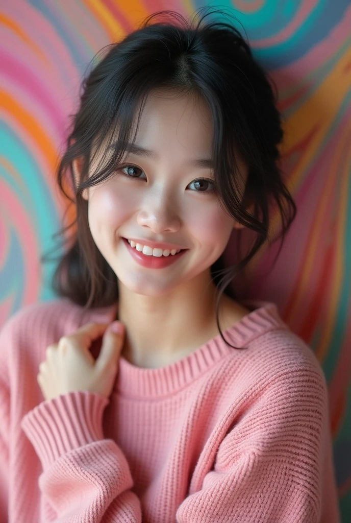 (best qualityer,high resolution:1.2),ultra detali,photorrealistic:1.37,portraite, Asian woman wearing pink sweater and gray panties, Young and thin、Realistic looking gravure idol, detailed eyes and lips, shiny straight hair, cute smile, Engaging Pose, soft and natural lighting, swirly vibrant colors