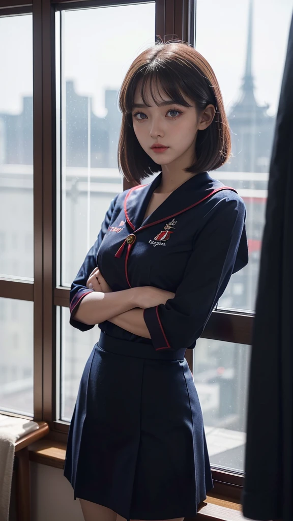 A beautiful girl with red eyes wearing a navy blue sailor uniform standing by the window in the classroom, (((red eyes:1.2)))、(Detailed eyes and face:1.2、Professional photography techniques:1.3)、Highest quality、Highest quality、Masterpiece、Ultra high definition、Reality、Red color contact lenses、Beautiful bob cut、((The pinnacle of the hierarchy))、mini skirt、Thin thighs、