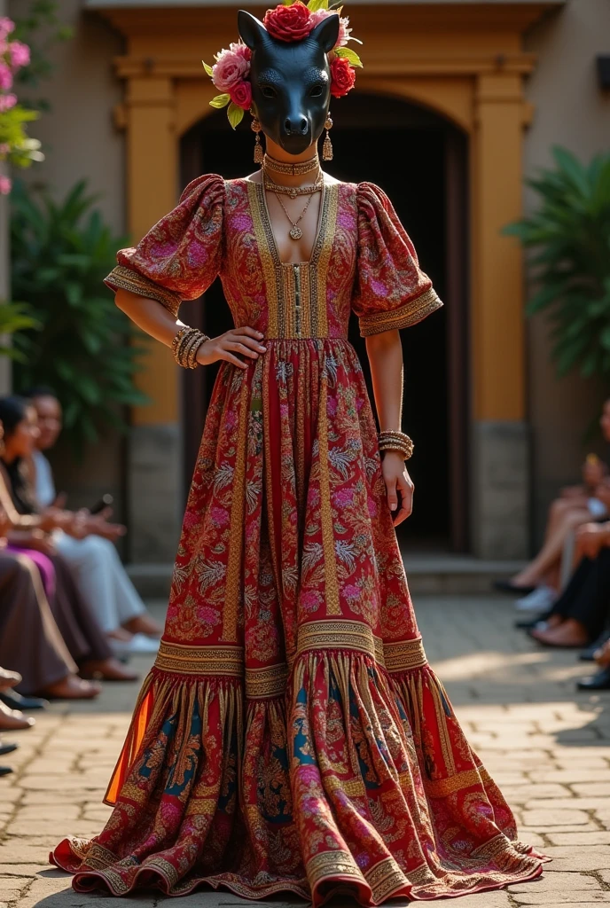 

"A collection of 10 haute couture dresses inspired by the Macho Ratón or Nicaraguan Güegüense, designed for an international catwalk. The dresses feature elegant and sophisticated designs, with a mix of rich textures and intricate embroidery. The traditional elements of the Güegüense costume, like the black horse masks, colorful scarves, and vibrant patterns, are reimagined in a modern style. The dresses incorporate cultural details such as flowers, lace and gold details, Highlighting Nicaraguan heritage with a contemporary twist. The collection has a focus on fine craftsmanship, creating a perfect balance between tradition and high-end fashion, ideal for an international presentation."