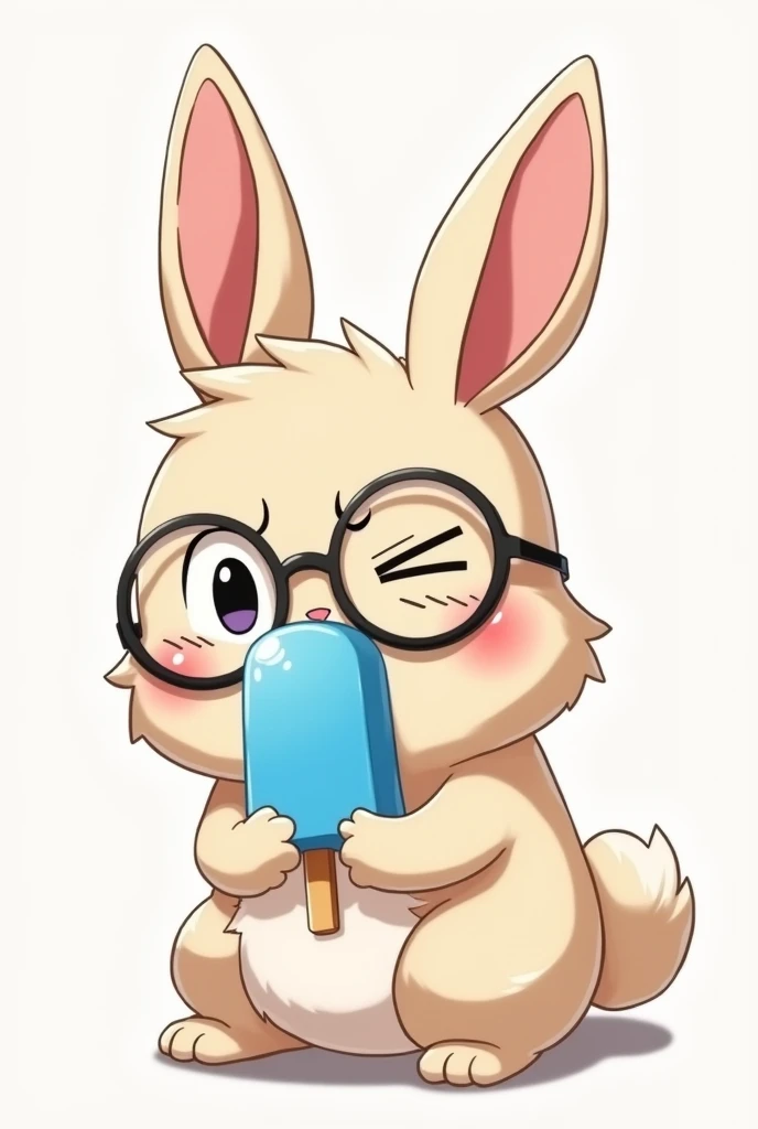 A serious anime-style furry bunny wearing glasses sitting upright eating a blue popsicle