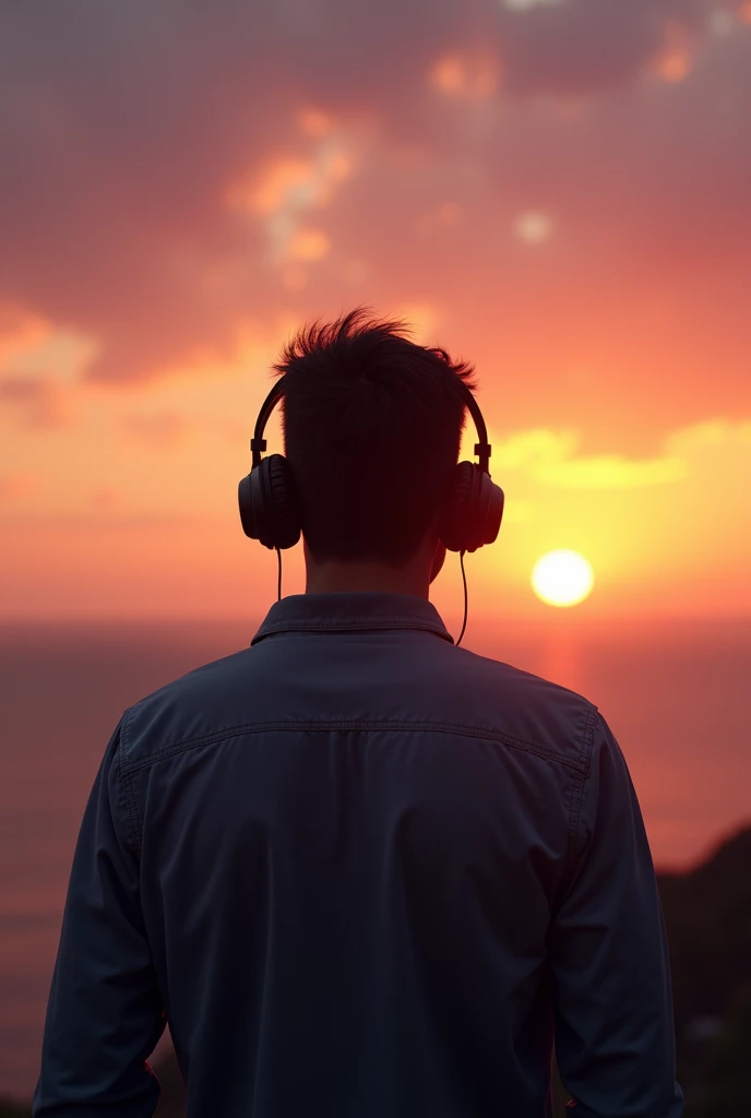 Real guy wearing headphones, Watching the sunset, his face to the sky is blurry and his back to the camera. " -- Ali and