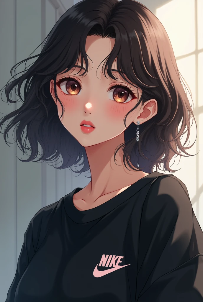 white woman with pink lips, Wavy hair, ear rings, black nike sweatshirt. anime styling.