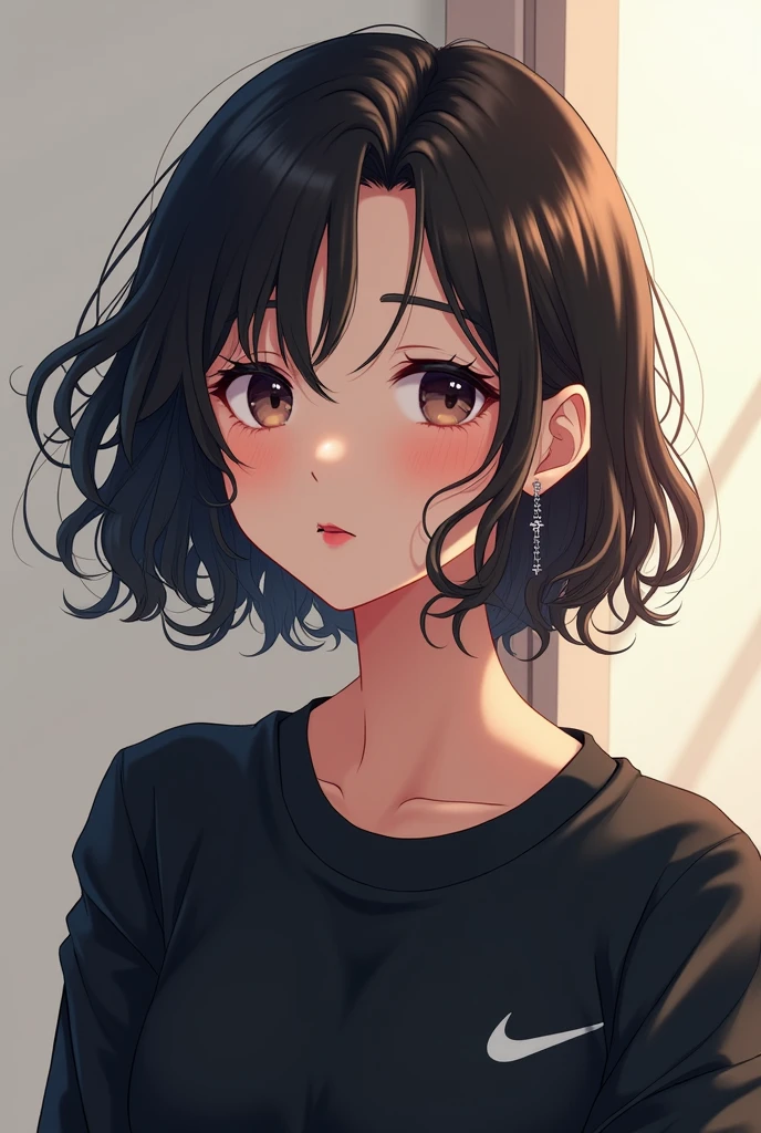 white woman with pink lips, Wavy hair, ear rings, black nike sweatshirt. anime styling.
