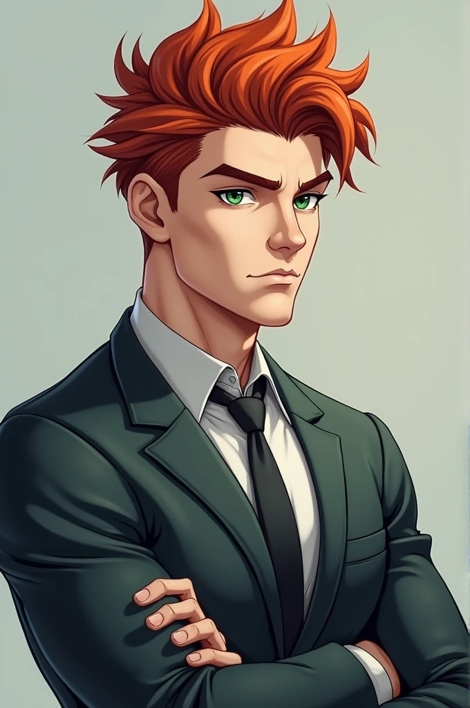 Young man with green eyes and white skin, Red hair with bangs, muscular man in a suit
