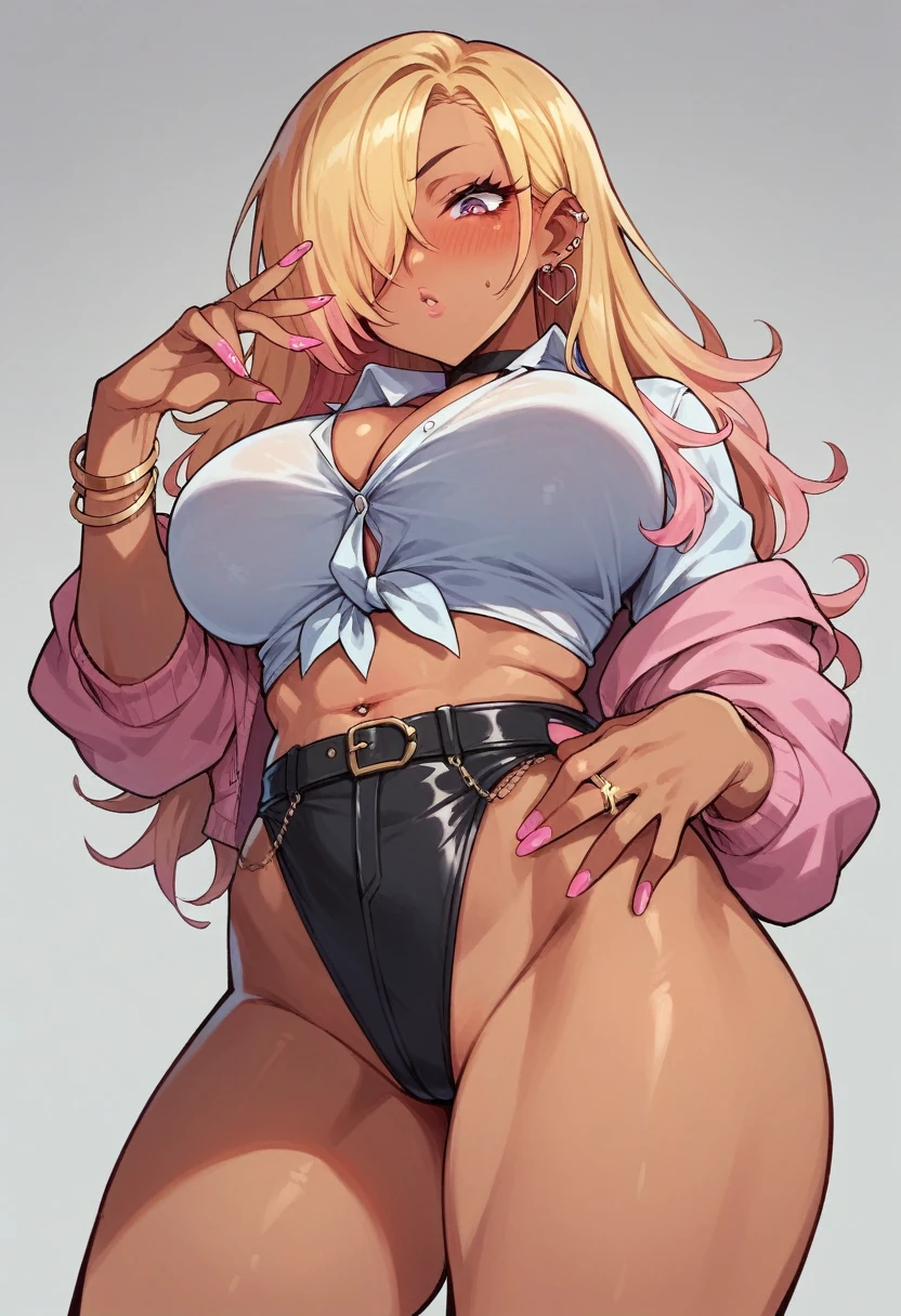 ((sexy girl ,gyaru))nsfw,glamorous, blushing, flushed face, looking down, slutty bodycon outfit, (hair over eye), dark skin, blonde,
